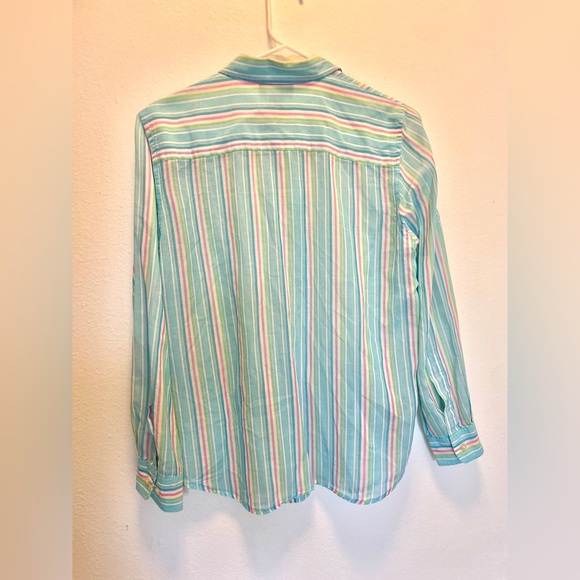 Vintage Lauren by Ralph Lauren, blue green and pink sheer button down shirt - Picture 6 of 8